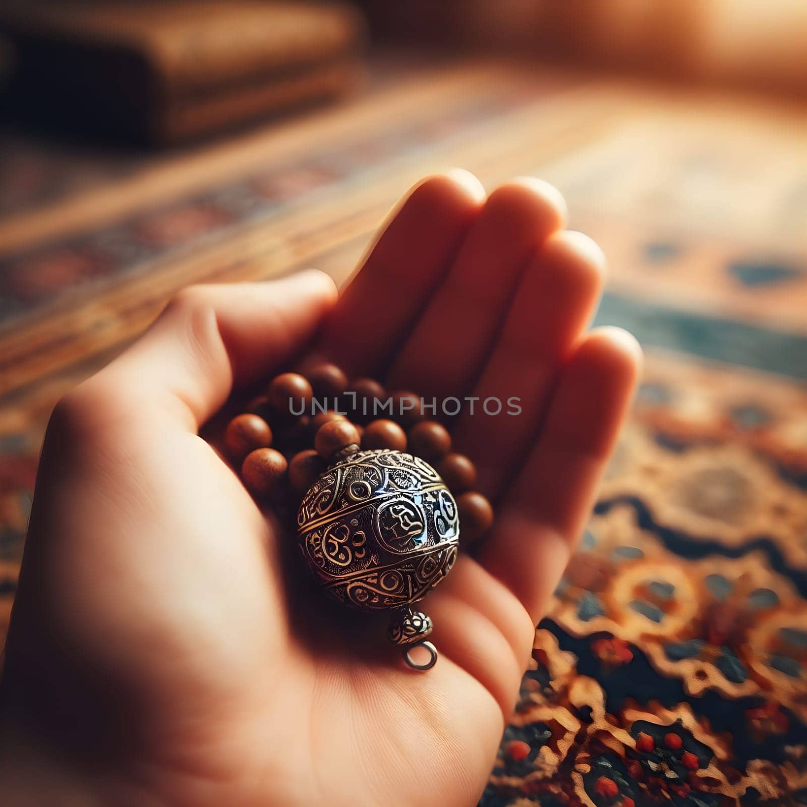 A close up of a beautifully crafted prayer bead held gently between fingers, with a soft focus on a prayer rug in the background. Happy ramadan, ramadhan, ramazan by Designlab