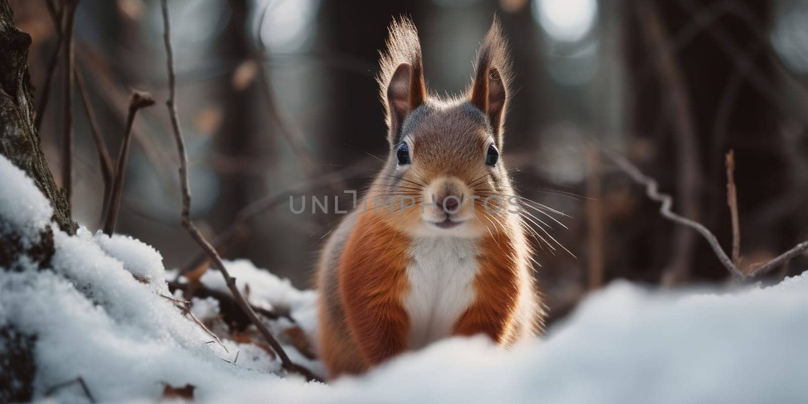 Cute Red Wild Squirrel In Winter Forest, Animal In Natural Habitat