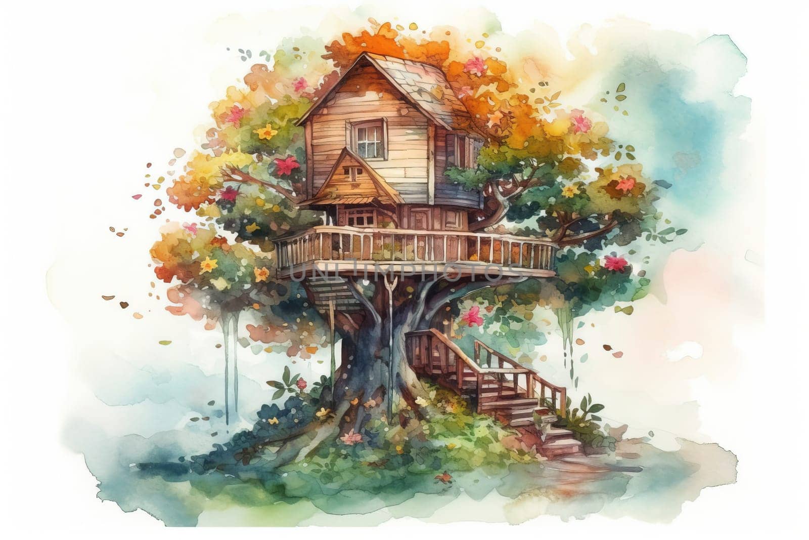 Watercolor Painting Illustration Of Fabulous Big House In A Crown Of Tree Isolated by tan4ikk1