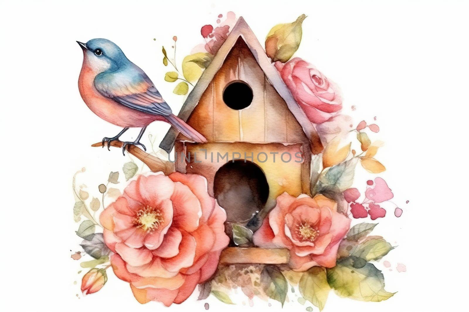 Watercolor Painting Illustration Of Nice Wooden Birdhouse And Bird In Flowers by tan4ikk1