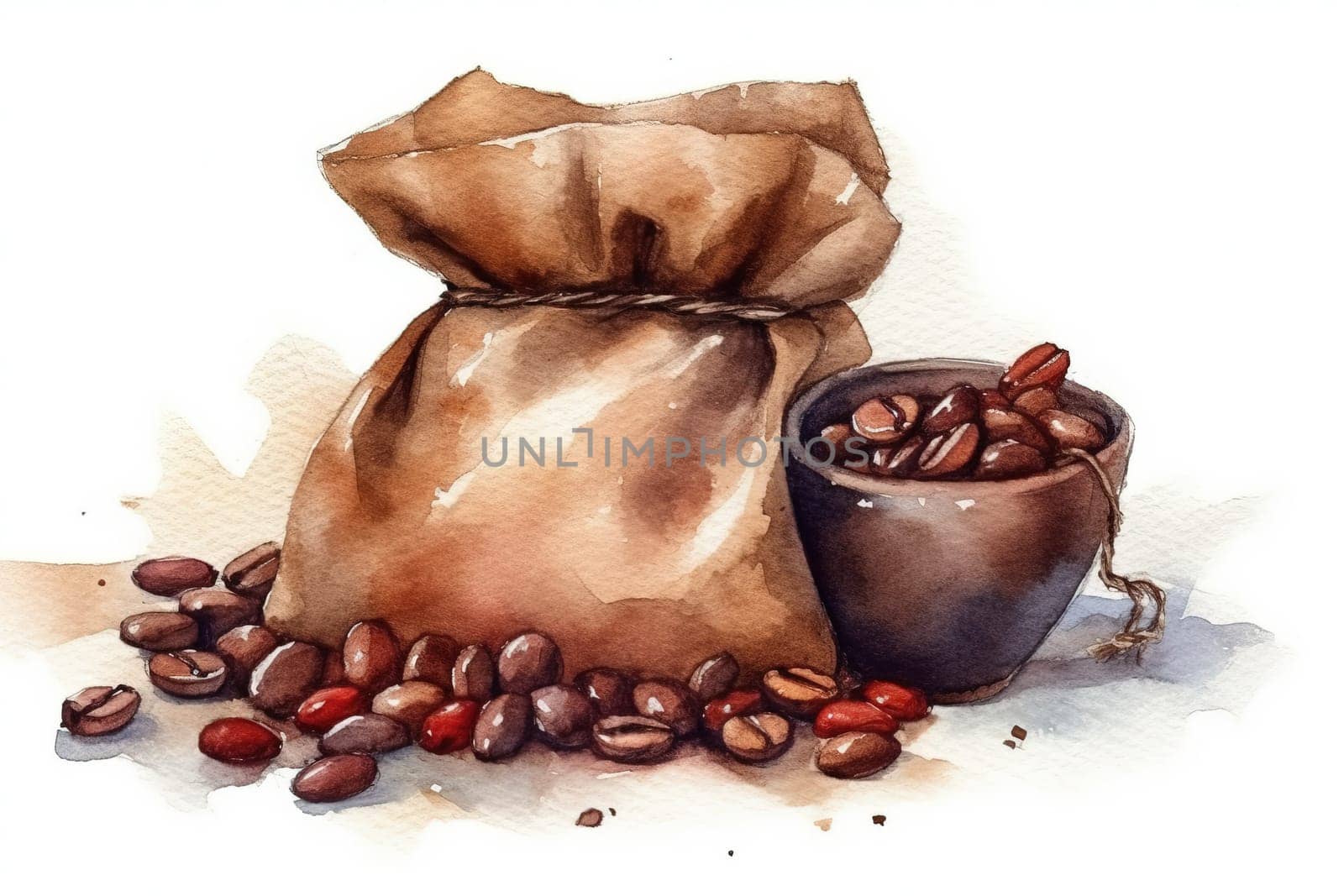 watercolor painting of sac with coffee beans, aromatic and fresh Robusta coffee , generative AI