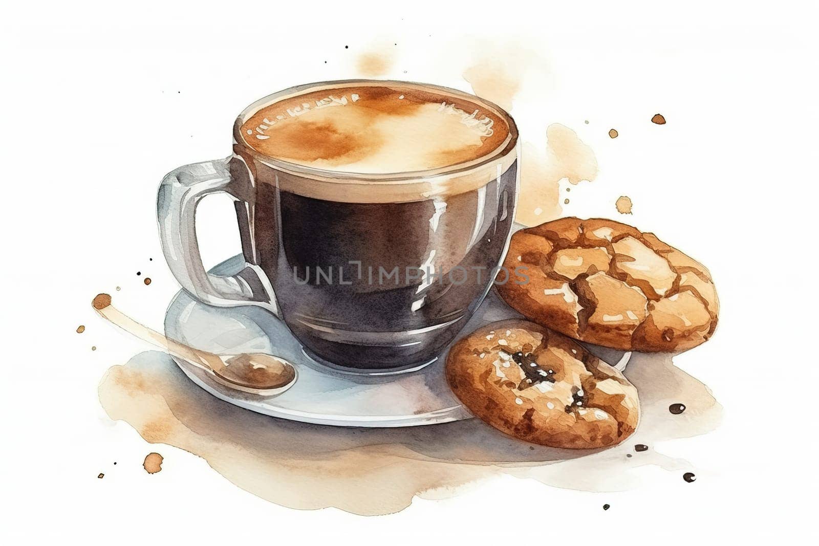 watercolor painting of coffee cup with the fresh sweet cookies to the breakfast , generative AI