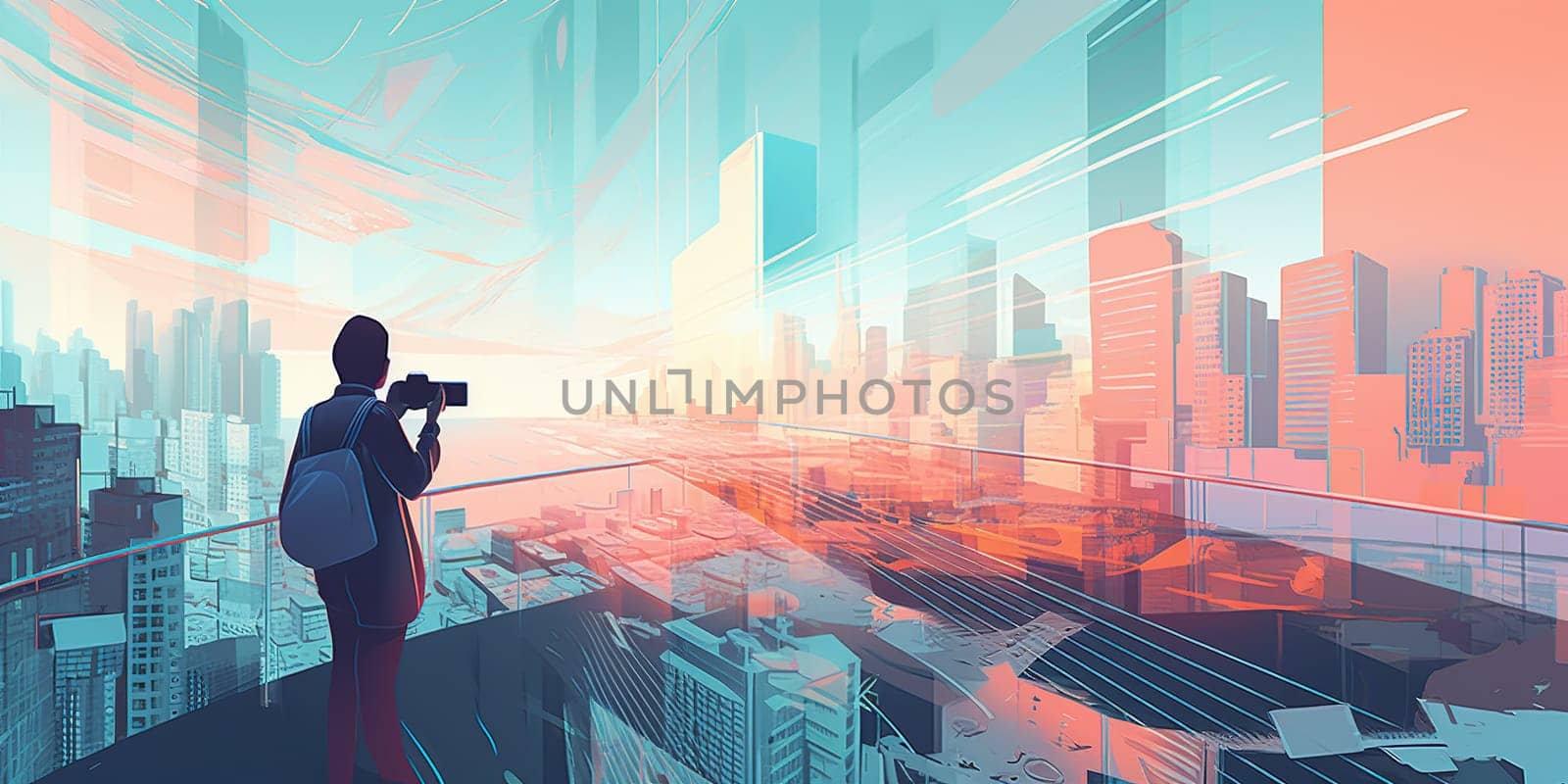 Illustration Photographer Shooting Amazing City Landscape In Pastel Colors, Concept Pets In Modern City