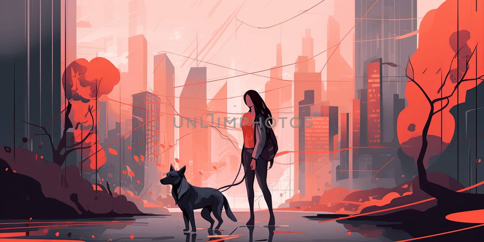 Illustration Girl Walking On A Street With Dog On Leash, Concept Pets In Modern City