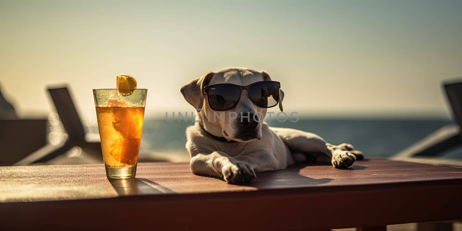 Funny Dog In Sunglasses With An Alcoholic Cocktails Relaxing By Pool, Generative Ai