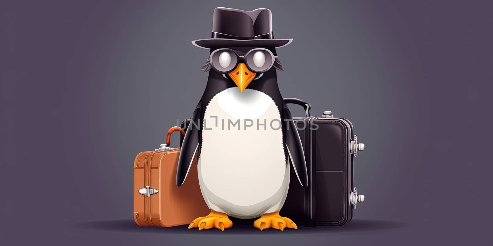 Illustration Of Funny Penguin In Hat And Sunglasses With Suitcases by tan4ikk1