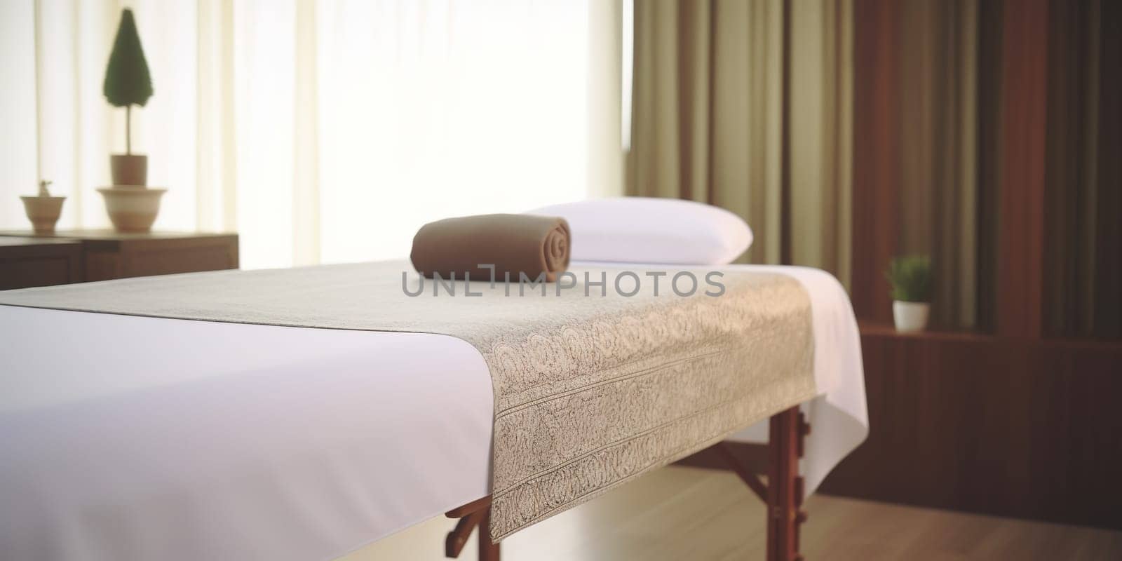white massage table in a room, ready for massage