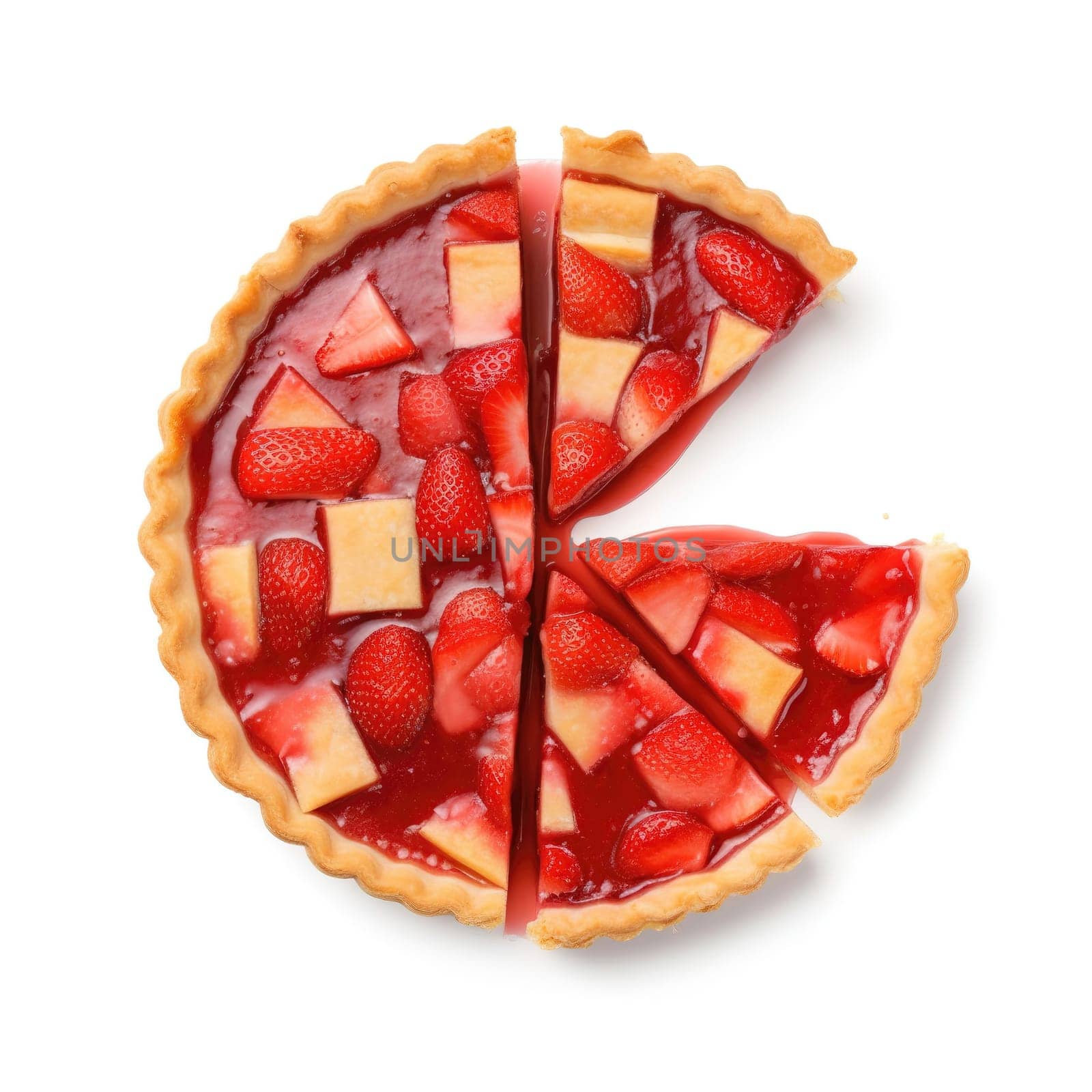 Delicious Fruit Pie cut into pieces isolated on a white background, top view , generative AI