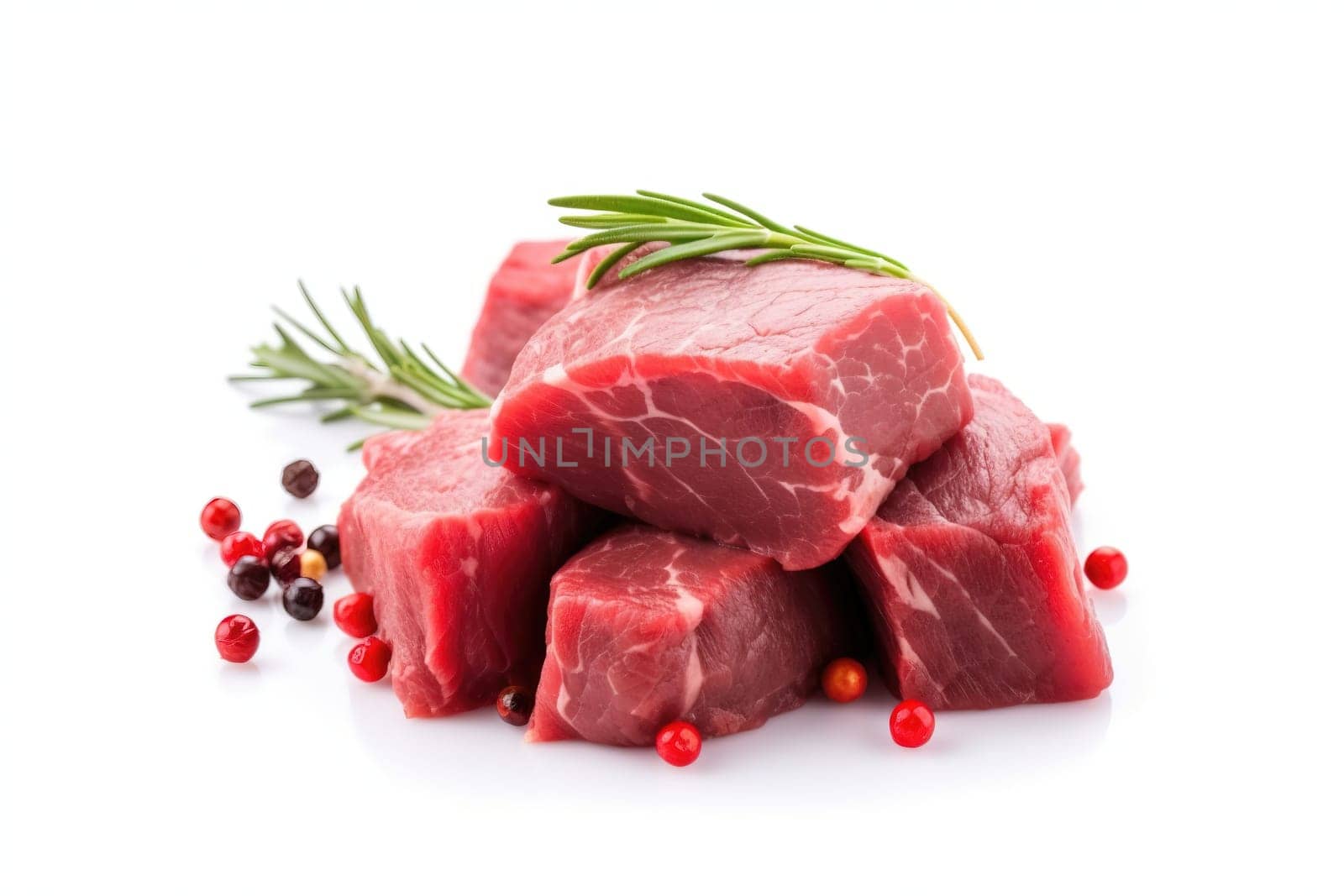 raw beef meat pieces with spices isolated on a white background , generative AI