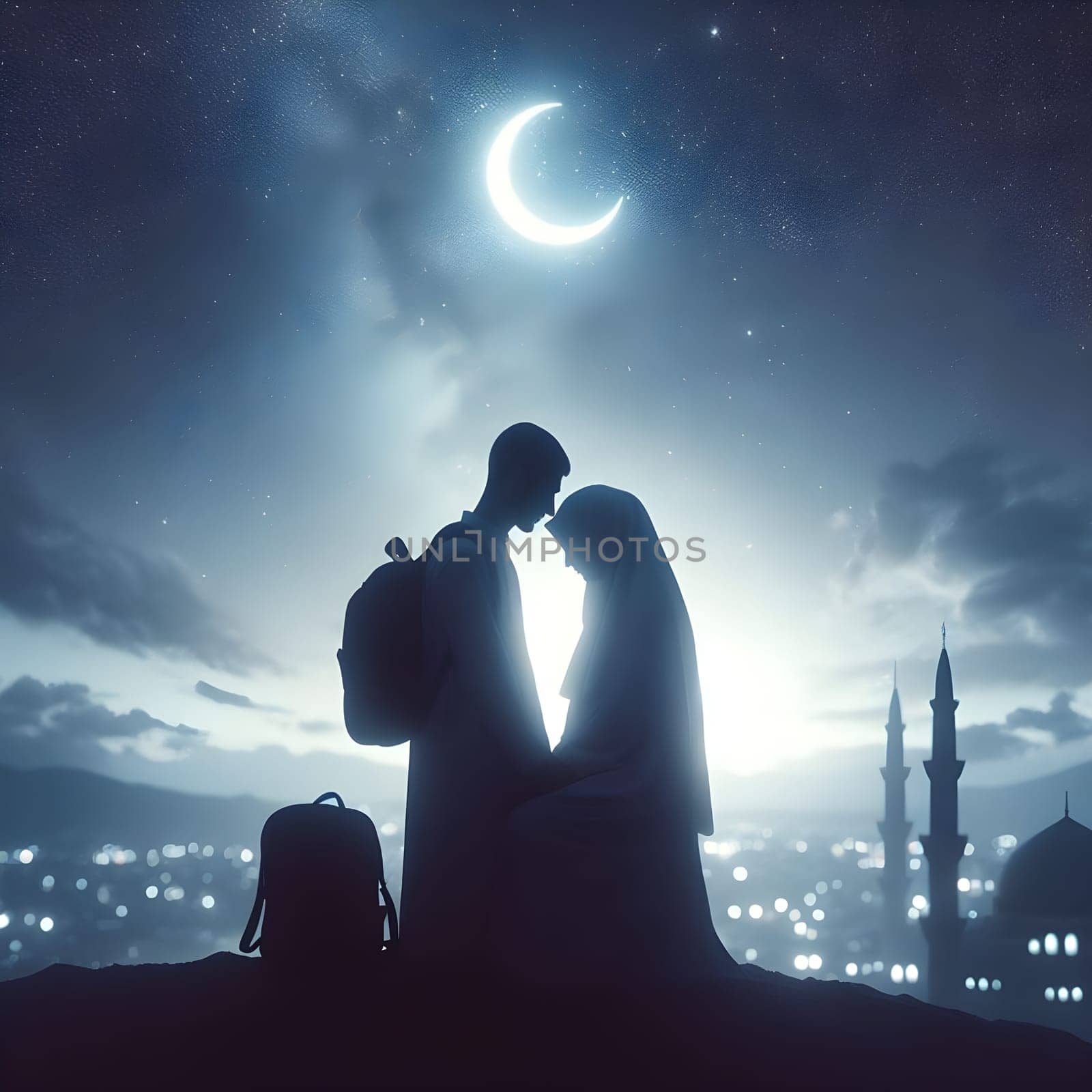 A couple silhouetted against a starry Ramadan sky, sharing a moment of reflection and gratitude under a crescent moon. Happy ramadan, ramadhan, ramazan. High quality photo