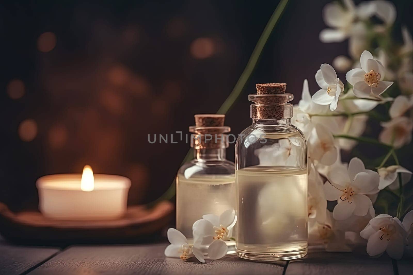 Spa treatments with aromatic oils in glass bottles, candles, and flowers