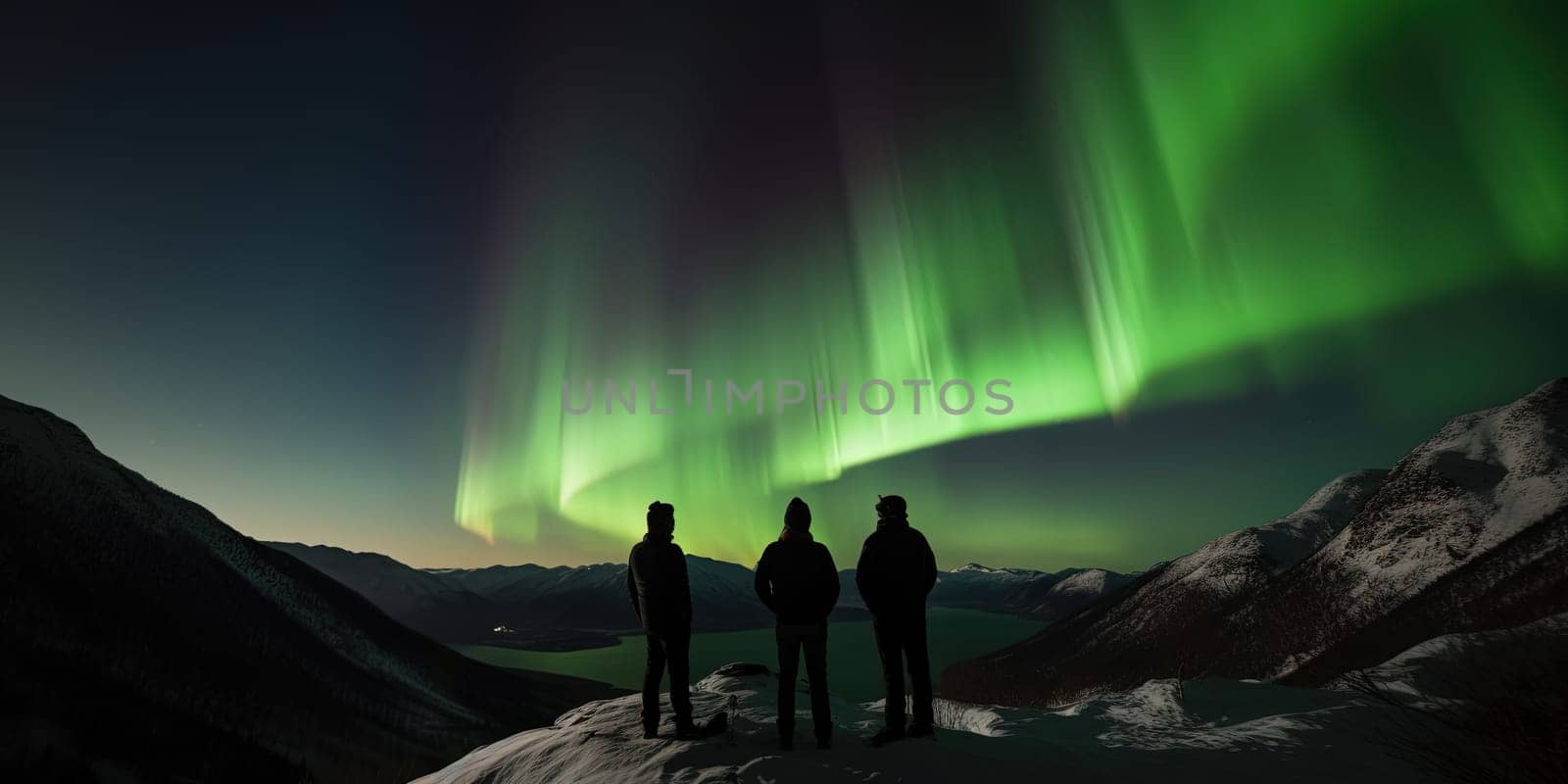 silhouettes of three men who observe an aurora a natural phenomenon of Northern Lights in the sky in mountains, generative AI