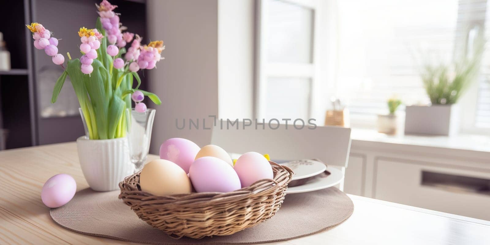 Painted Easter eggs in a wicker basket on the kitchen table with flowers