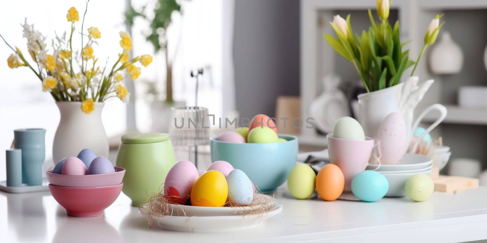 Painted Easter eggs on saucers on the kitchen table with flowers
