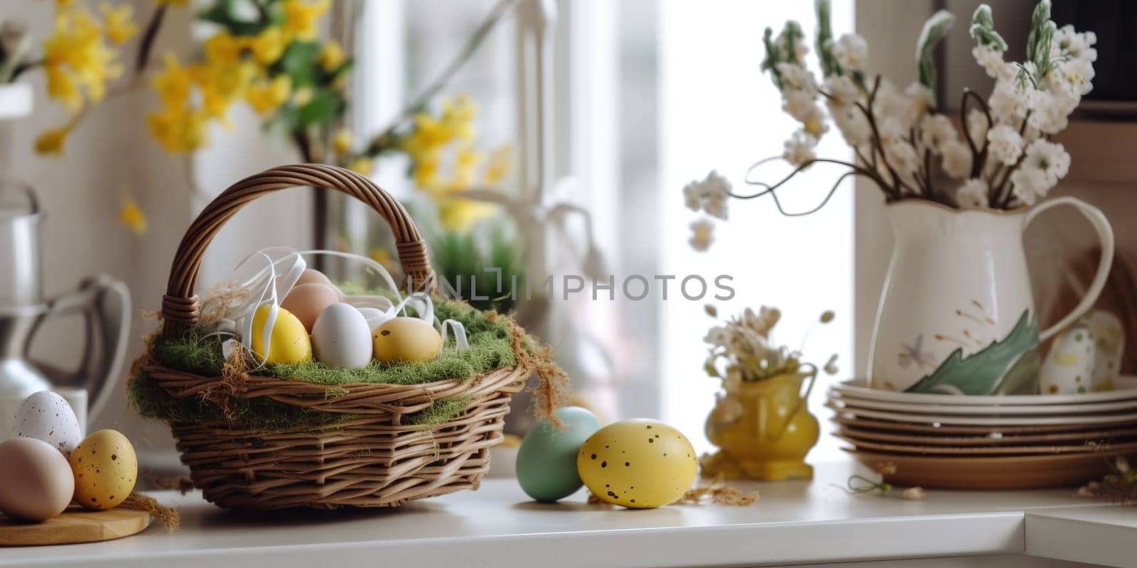 Dyed Easter eggs in a wicker basket by tan4ikk1