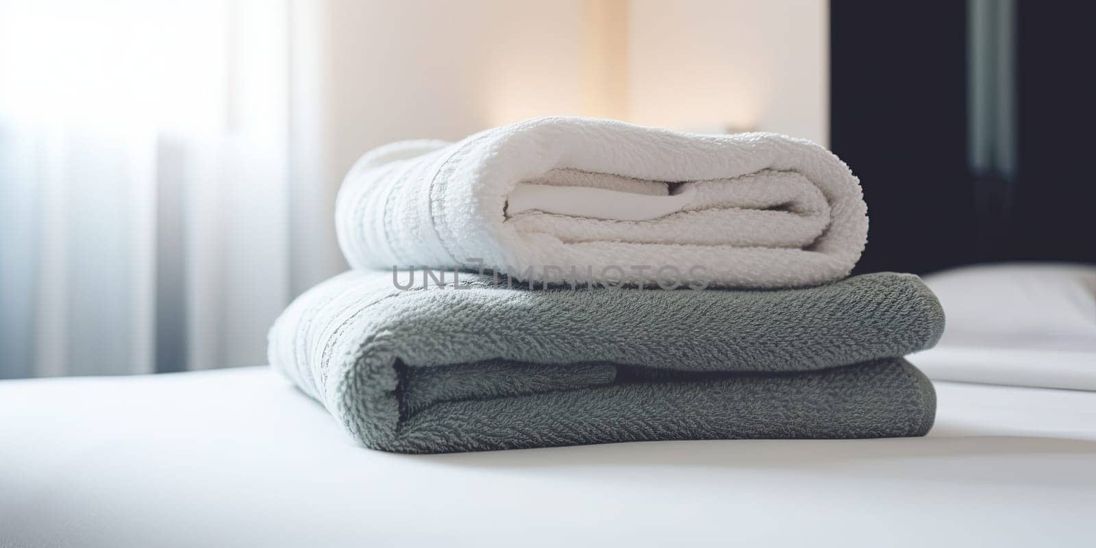 Clean, fresh towels adorn hotel room bed. by tan4ikk1