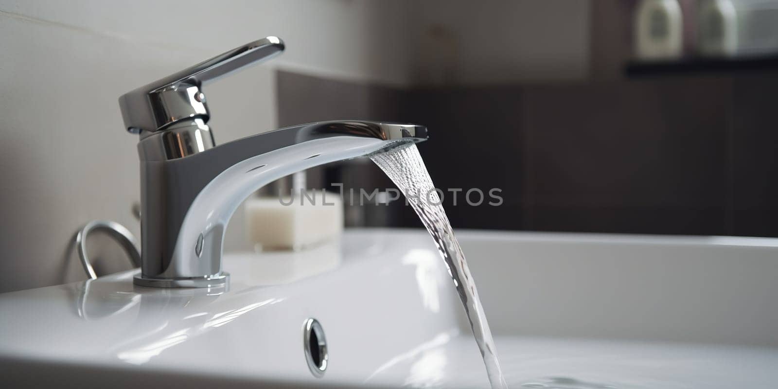Water pours into sink from mixer in bathroom closeup. by tan4ikk1