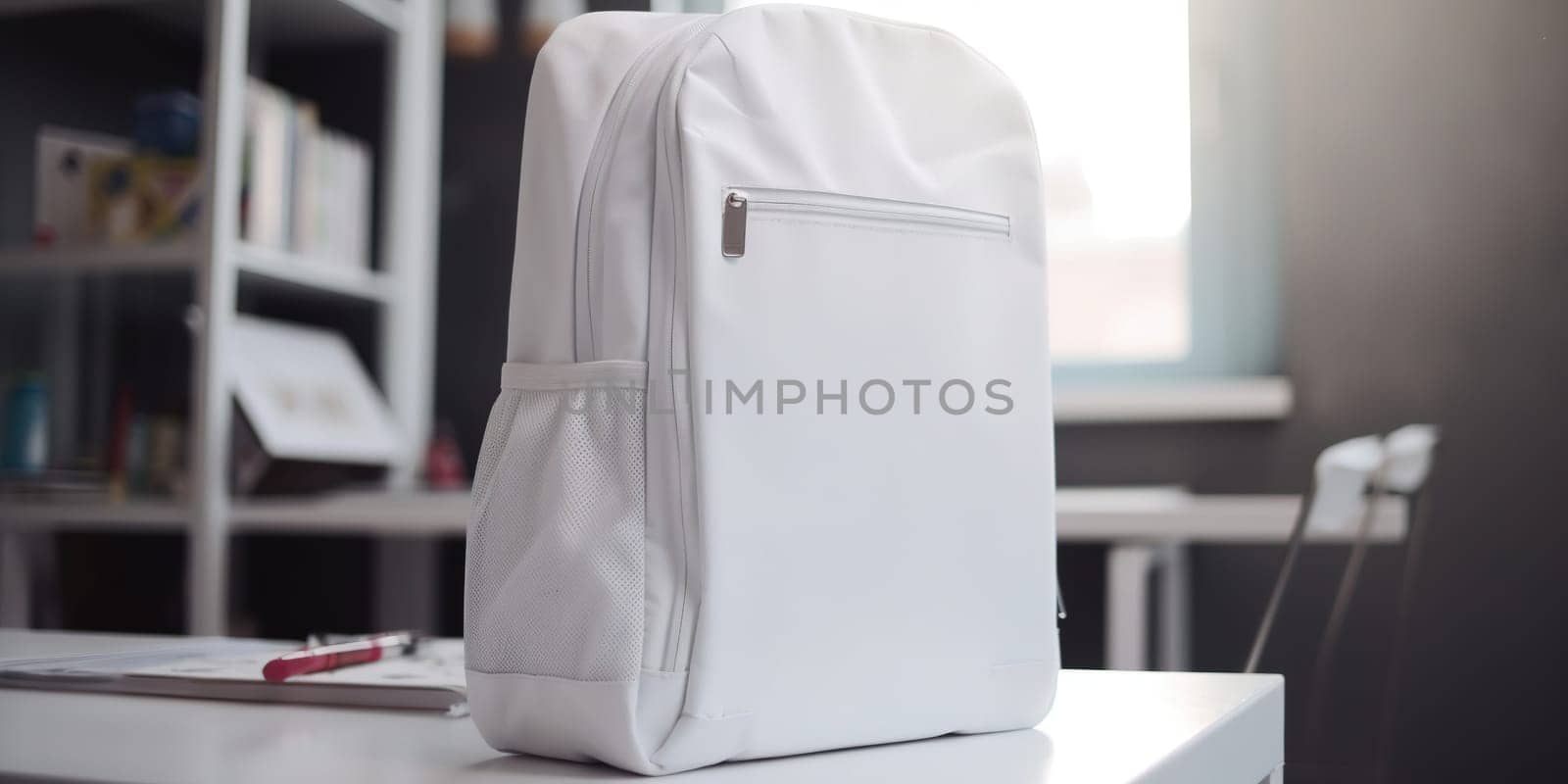 School template includes white backpack on table in classroom.