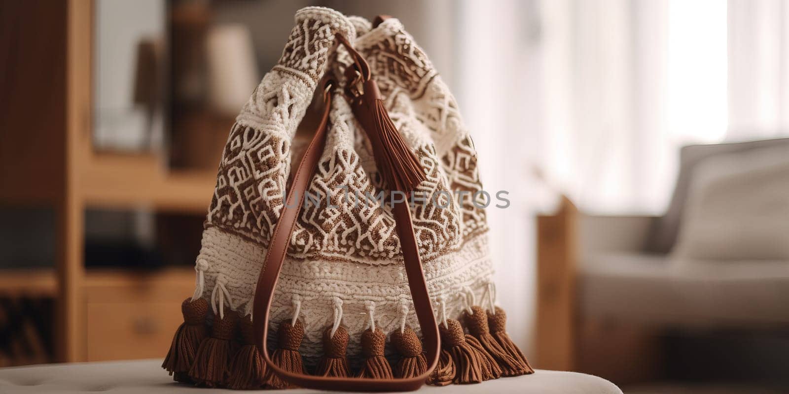 Handmade Boho Style Fabric Bag Rests On Table In Cozy Room