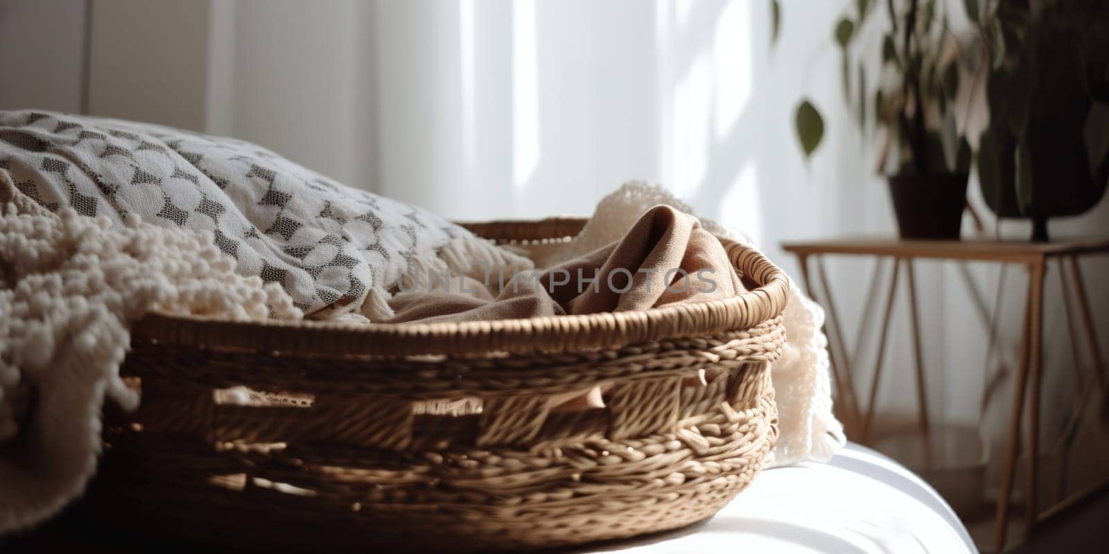 Woven Boho Style Decor Basket Sits On Bed