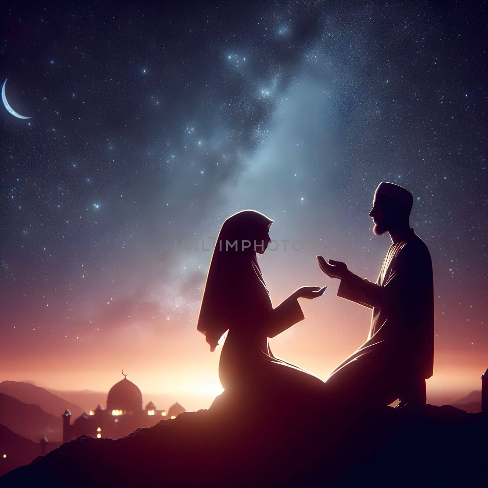 A couple silhouetted against a starry Ramadan sky, sharing a moment of reflection and gratitude under a crescent moon. Happy ramadan, ramadhan, ramazan. High quality photo