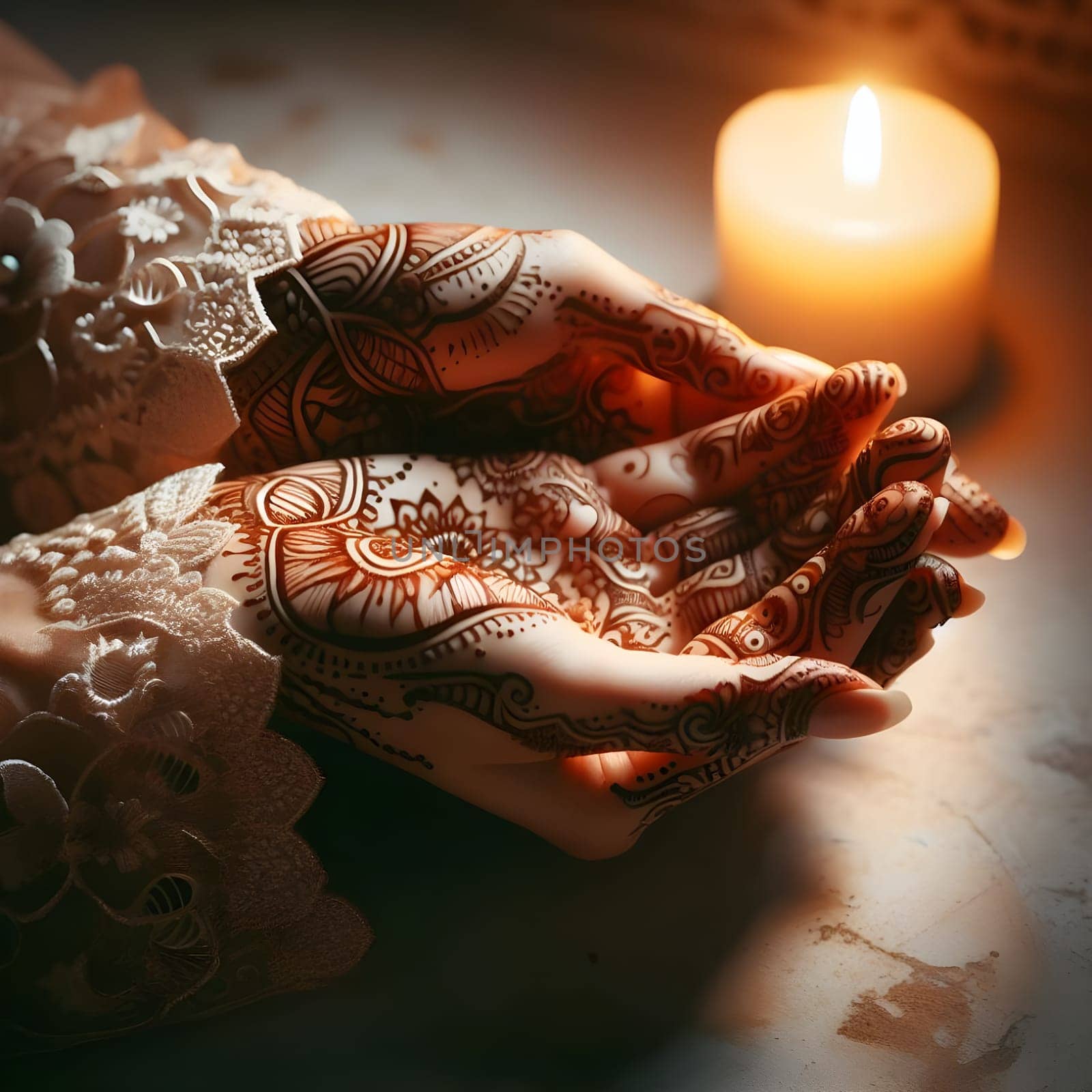 An intricate henna design on hands clasped in prayer, with soft candlelight casting a warm glow 4k, photorealistic. High quality photo
