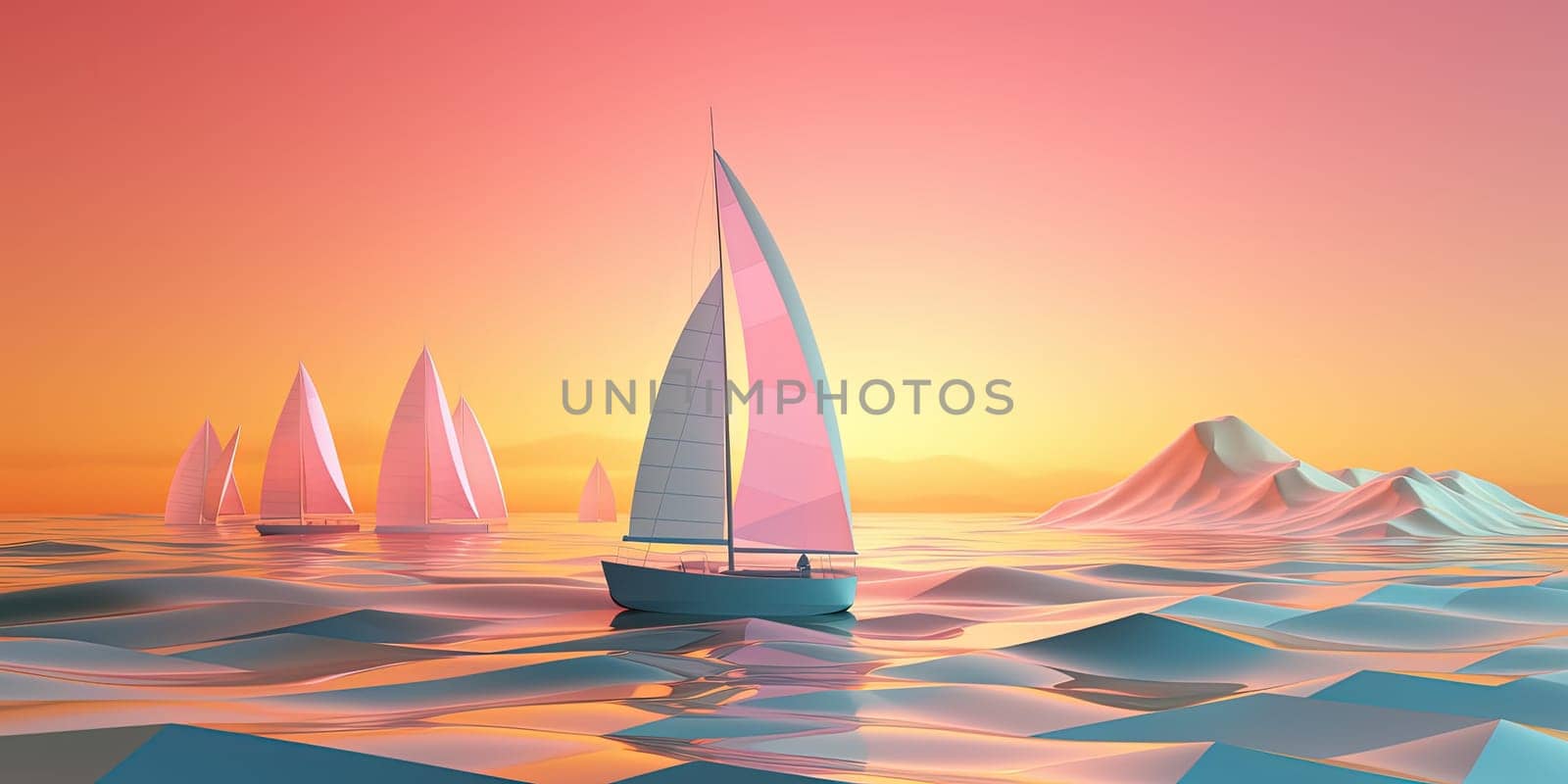 Amazing landscape with a solitary yacht at sea during a polygonal illustrated sunset