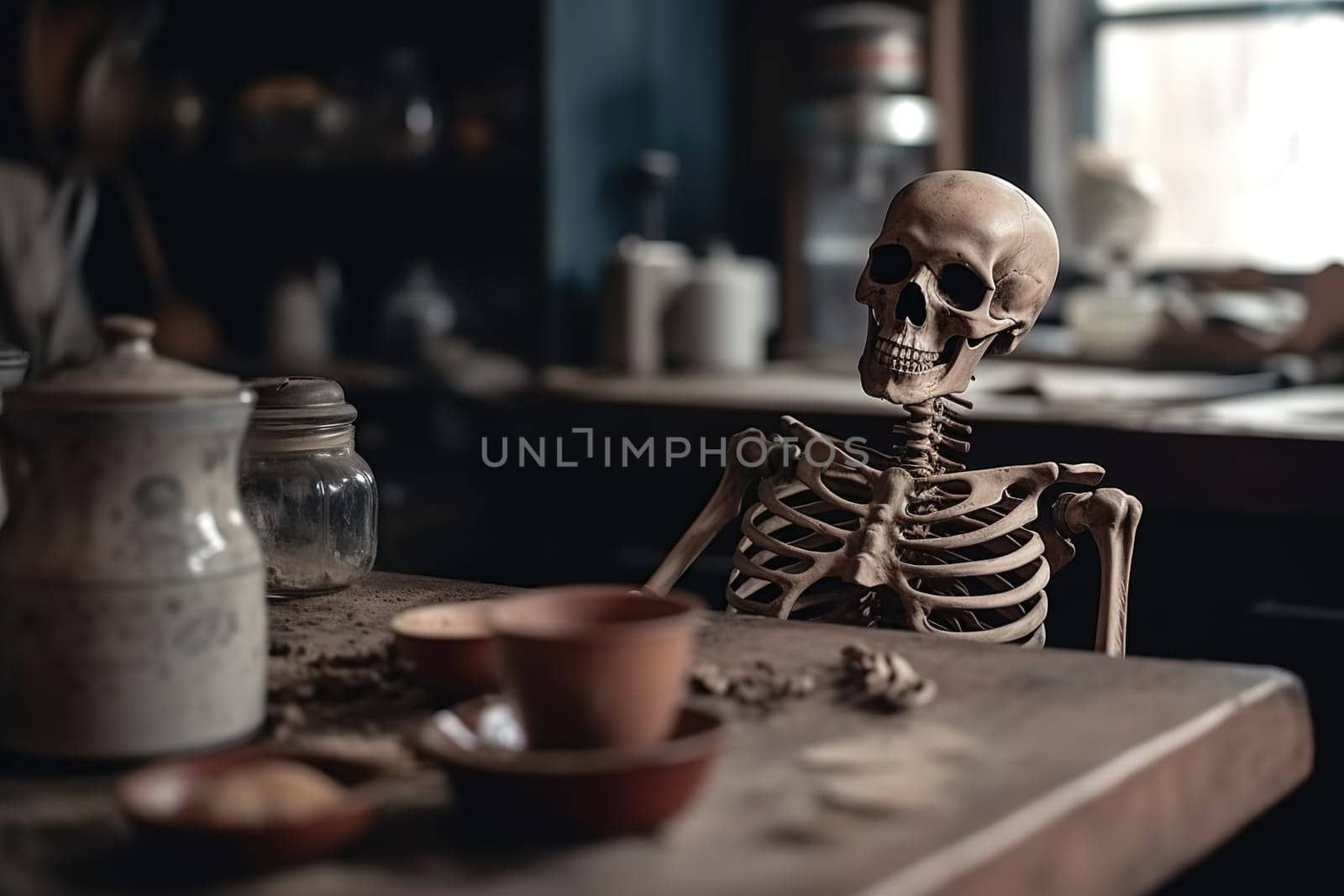 human skeleton in abandoned kitchen by tan4ikk1
