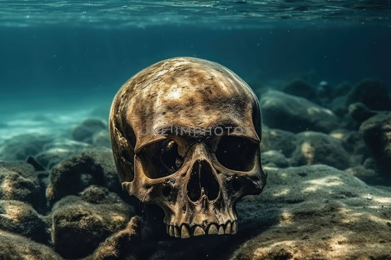 Old human skull in the ocean underwater, generative AI