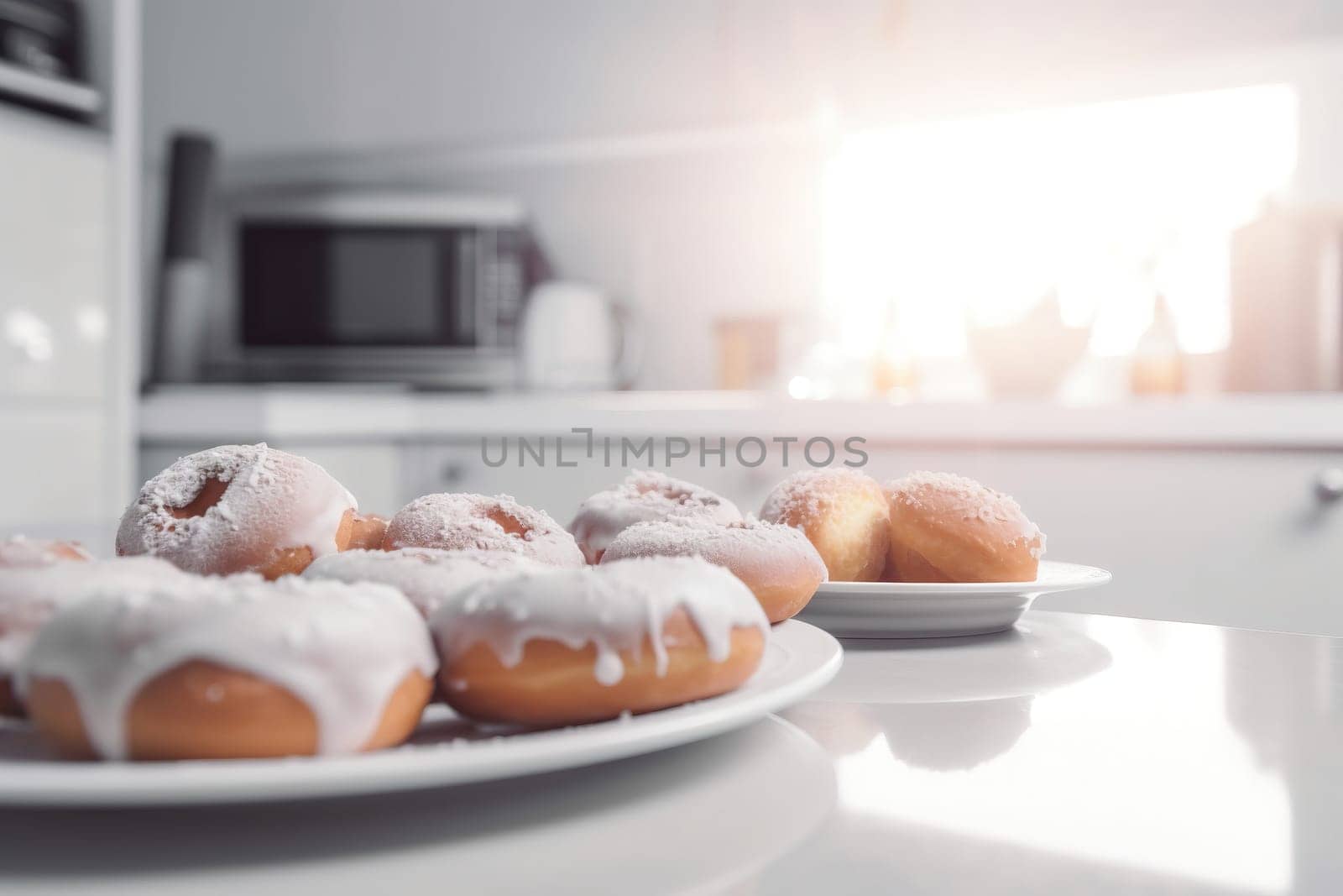 delicious donuts sprinkled with a sugar powder and poured with a glaze on a plate on the kitchen table , generative AI