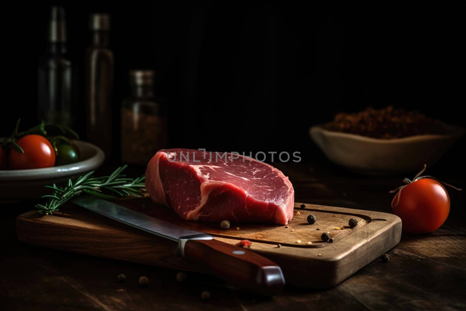 Raw beef meat on a cutting board in a kitchen cooking meat dinner , generative AI