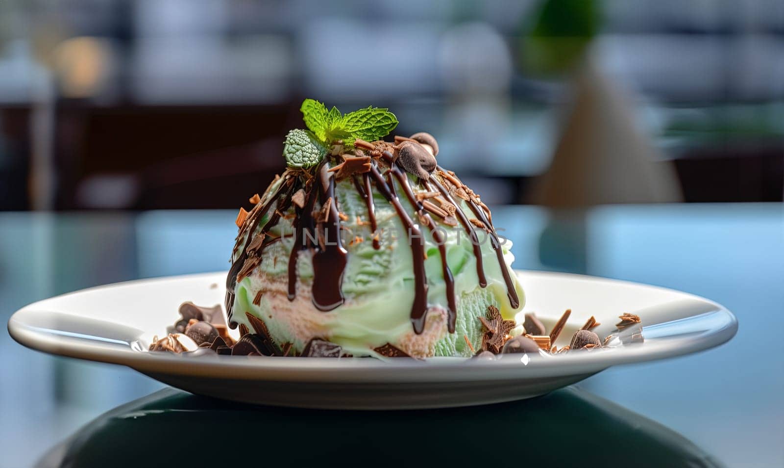 Delicious Ice Cream Dessert In The Pistachio Taste With Chocolate And Mint In A Cafe, Dessert In Cafe