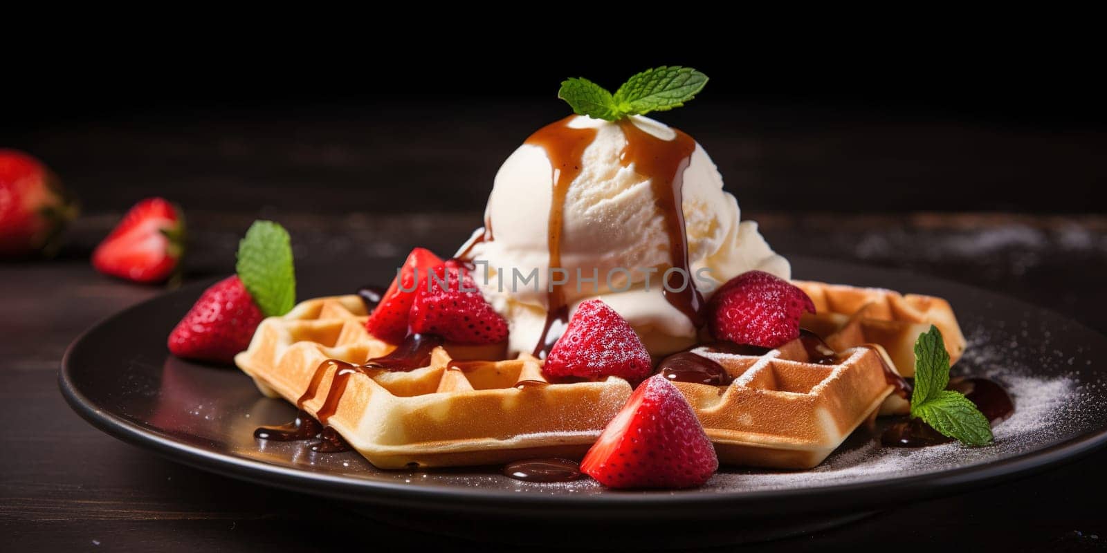 Delicious Waffle Dessert With Strawberries And Cream On A Plate by tan4ikk1