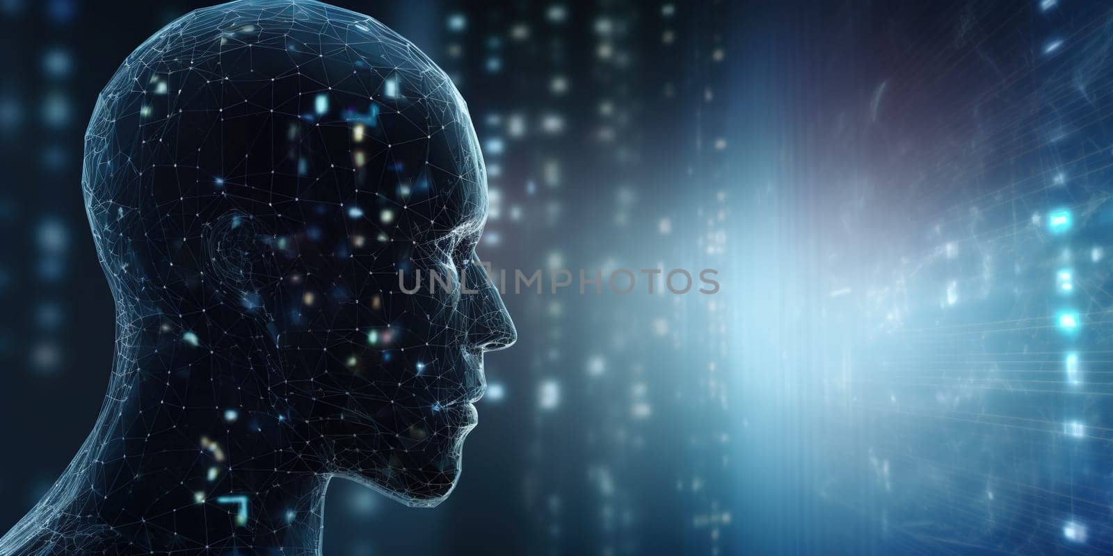 Artificial Intelligence head on a digital data background by tan4ikk1