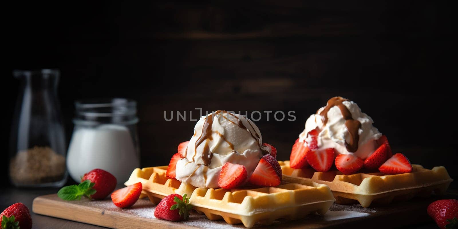 Delicious Waffle Dessert With Strawberries And Cream On A Plate by tan4ikk1