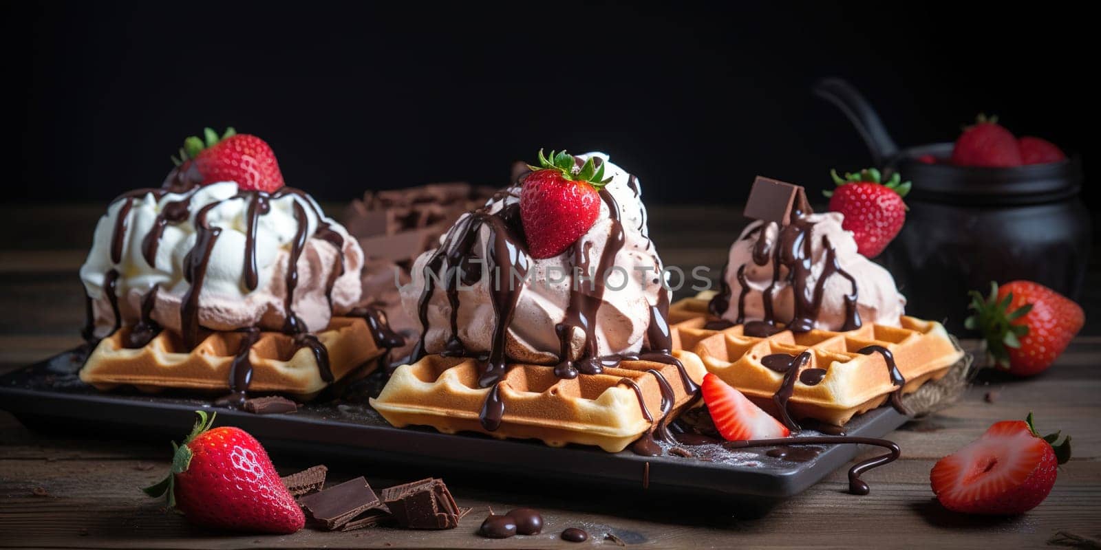 Delicious Waffle Dessert With Strawberries And Cream On A Plate, Dessert In Cafe