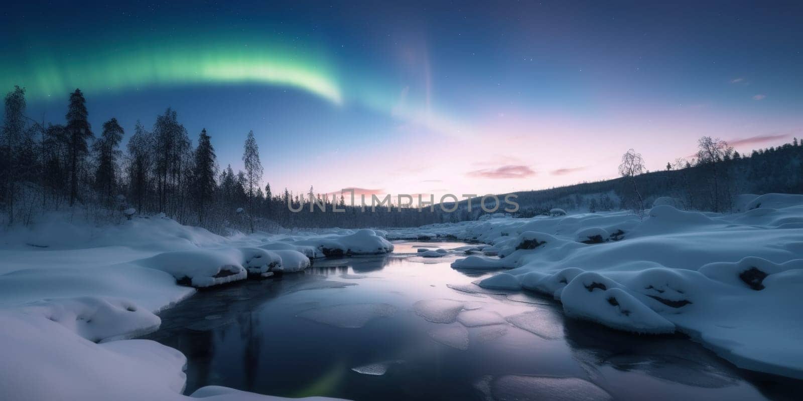 amazing evening view calm mountain lake with Northern Lights in winter, Aurora lights in the sky, generative AI