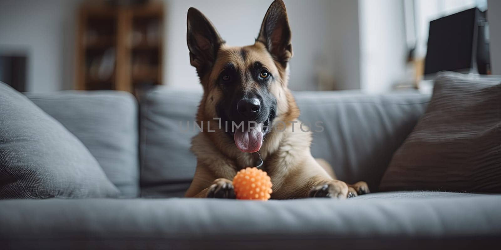 Playfull German Shepherd lying on the couch with a ball , close-up
