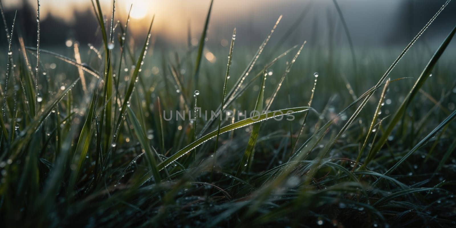 Morning grass with drops of dew, close up view at sunrise