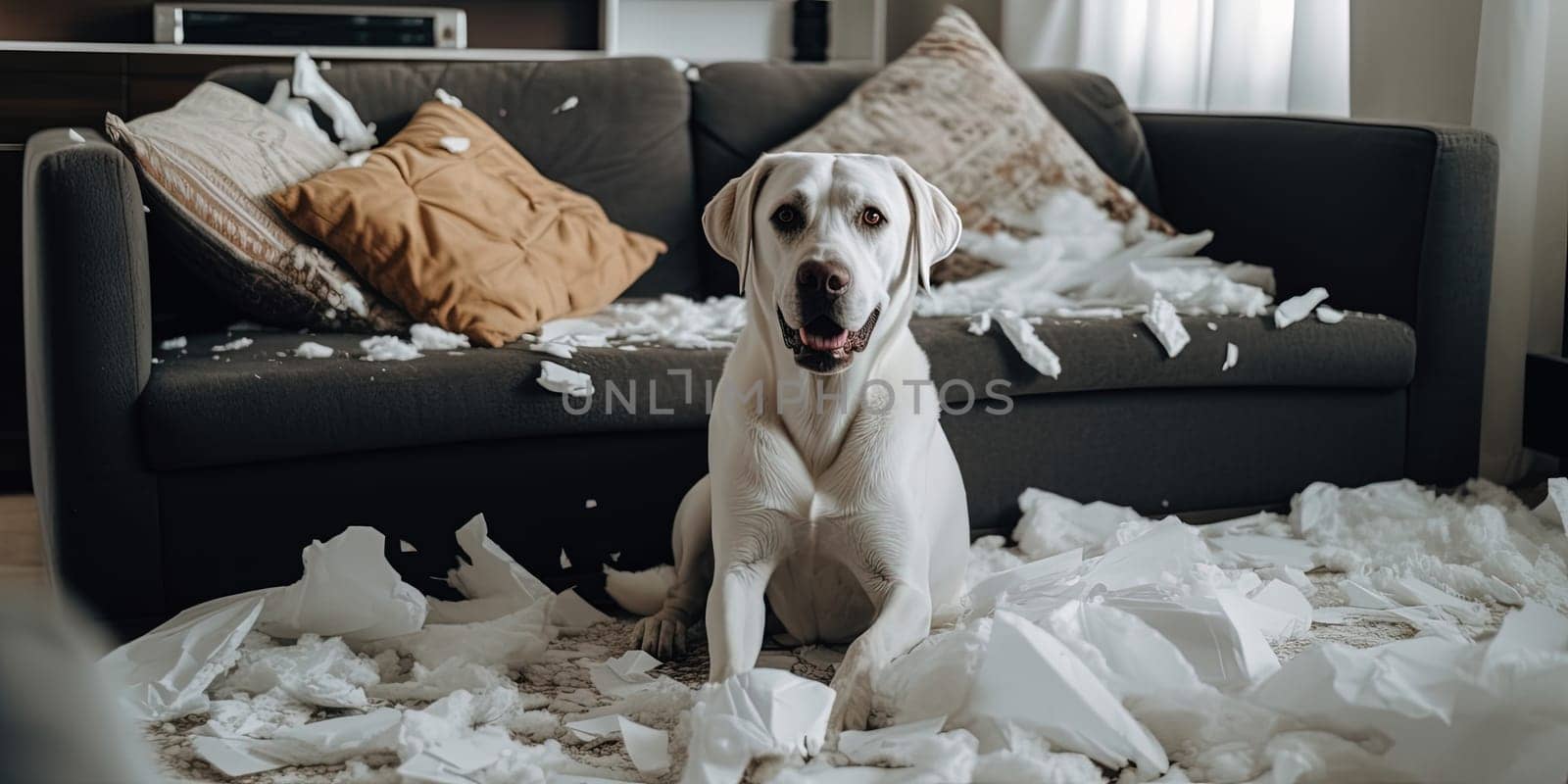 Labrador retriever is standing in the fluff of torn pillows