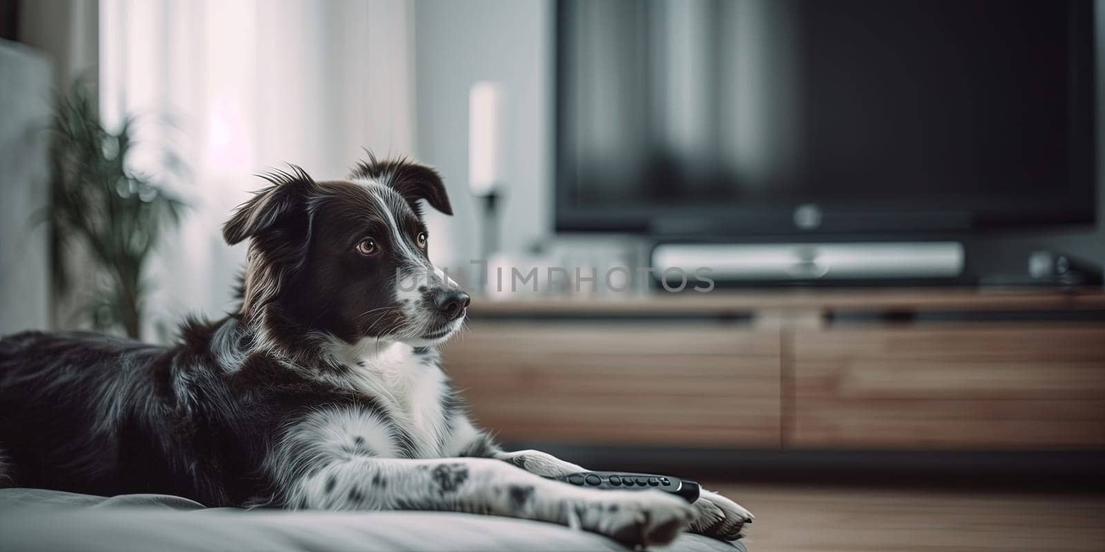 Cute Border Collie lying down on a couch in living room