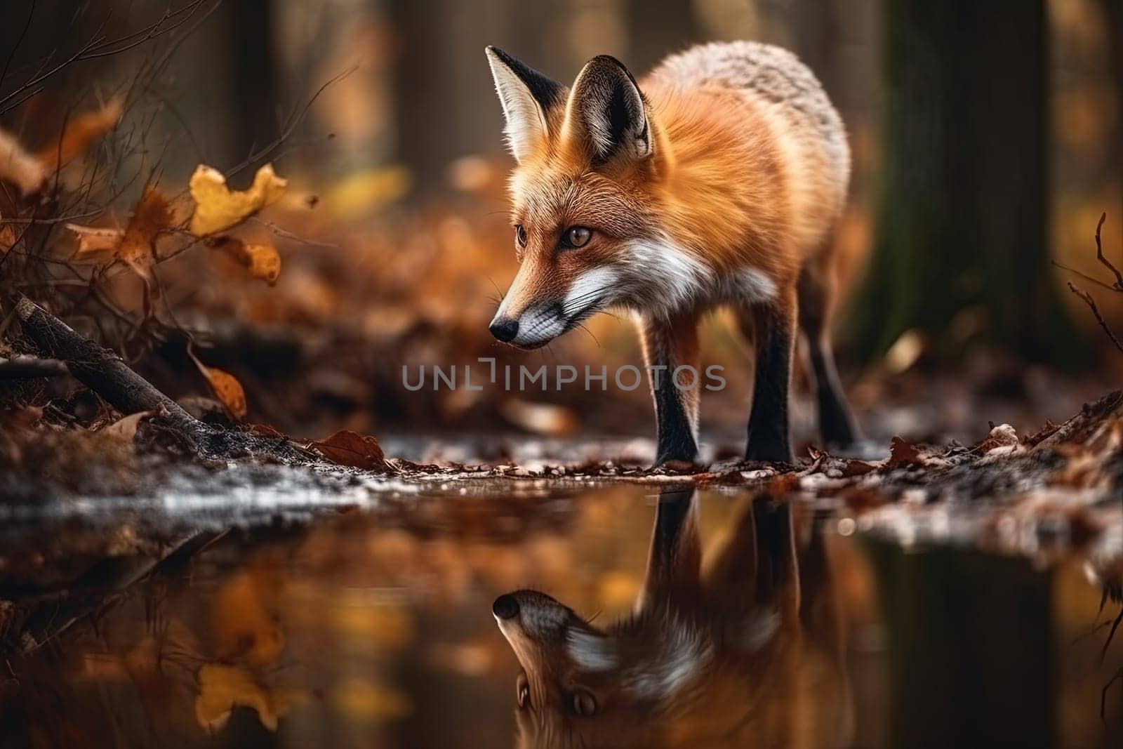 Red Fox By Puddle Of Water In Autumn Forest by tan4ikk1