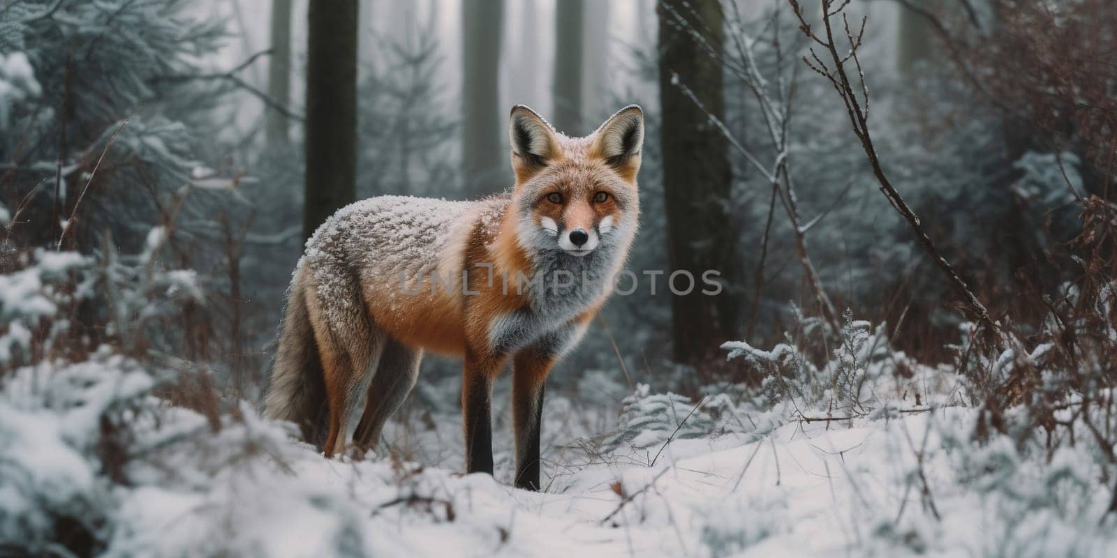 Red Fox In The Winter Forest On A Hunting, Animal In Natural Habitat