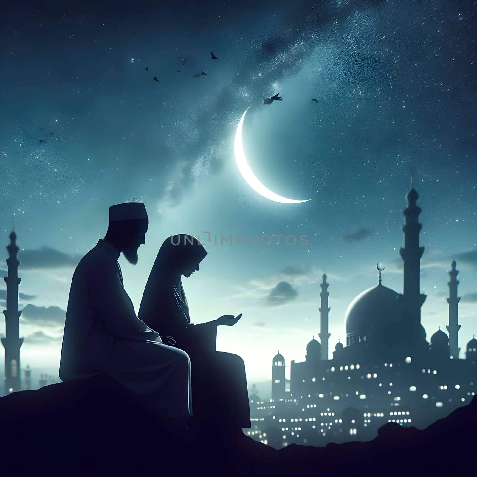 A couple silhouetted against a starry Ramadan sky, sharing a moment of reflection and gratitude under a crescent moon. Happy ramadan, ramadhan, ramazan. High quality photo