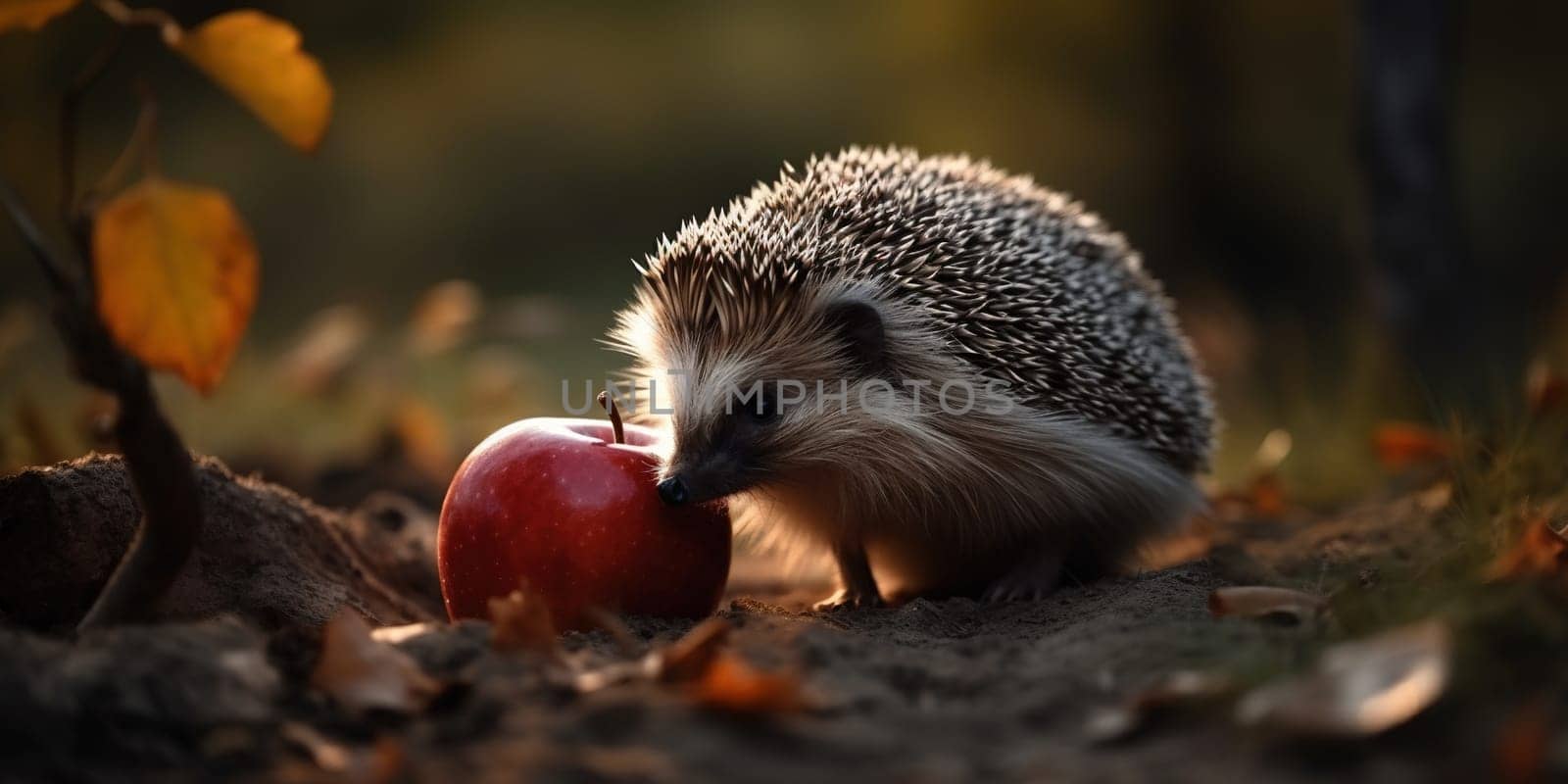 Wild Hedgehog With Apple In Autumn Forest, Animal In Natural Habitat