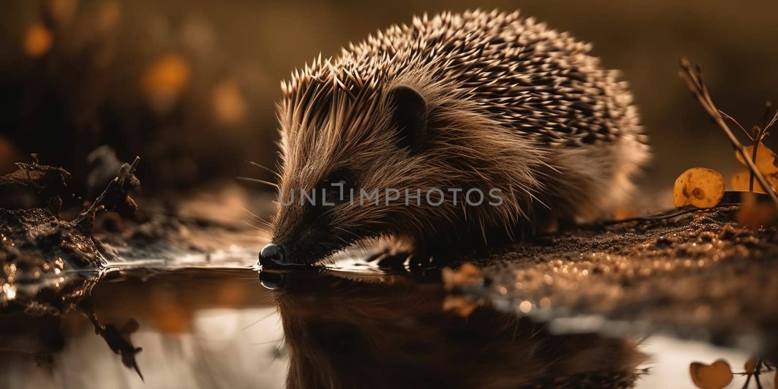 Wild Hedgehog Drinks Water From The Puddle In The Forest, Animal In Natural Habitat