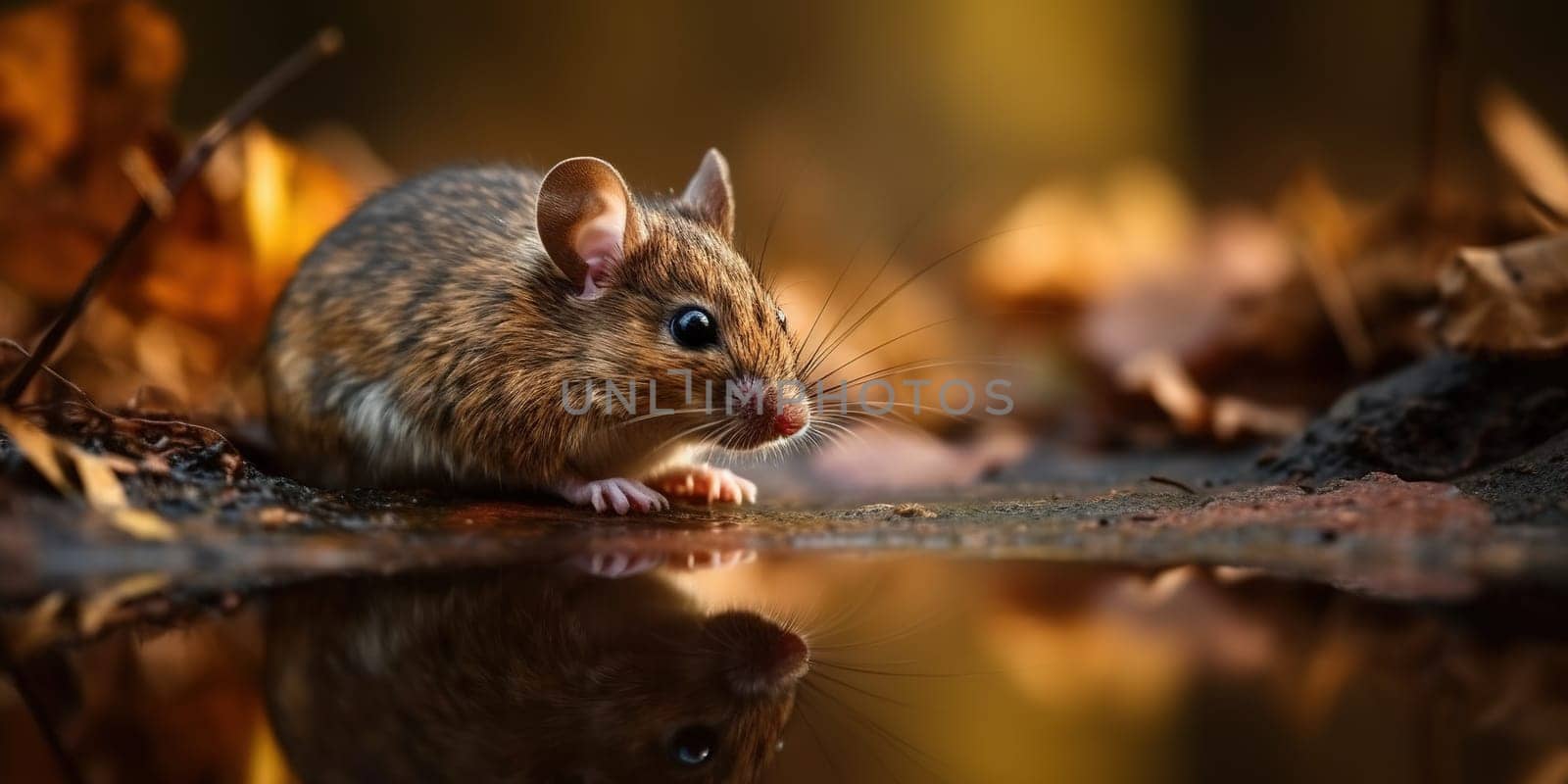 Grey Mouse Drinks Water From The Creek In Autumn Forest by tan4ikk1