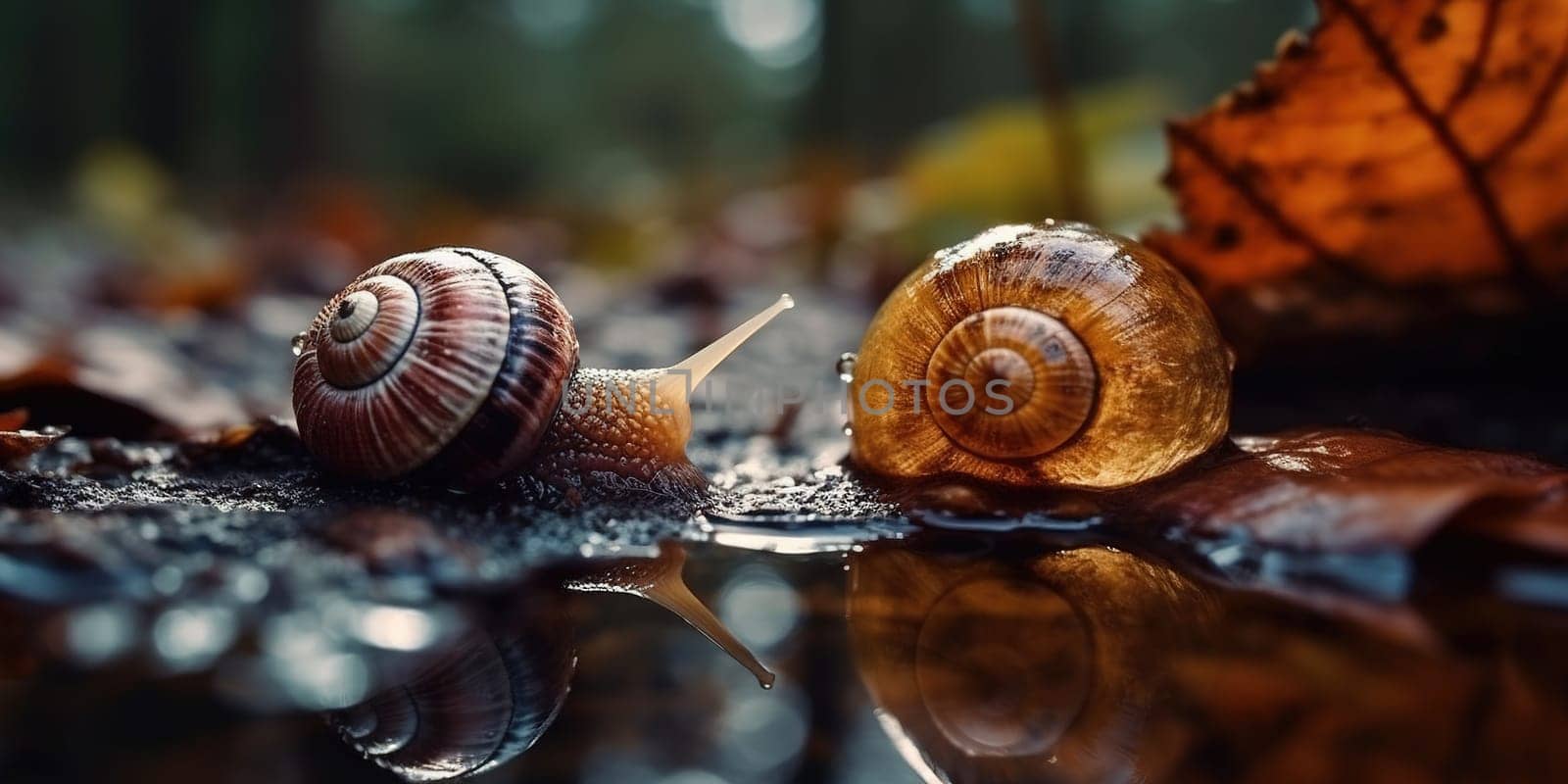 Snails Drinks Water From The Puddle In The Autumn Fortst, Animal In Natural Habitat