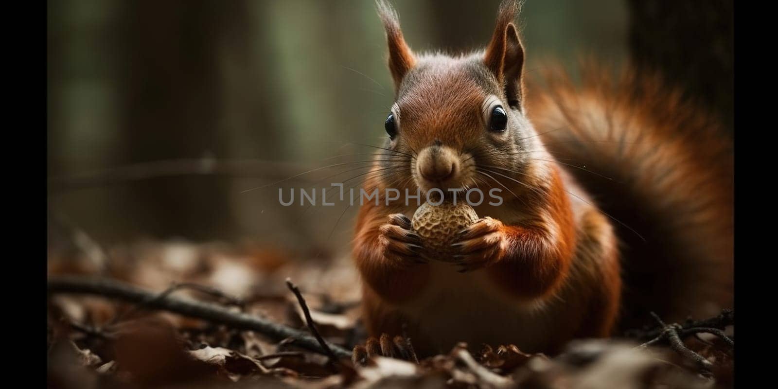 Cute Wild Squirrel Holding A Nut In The Forest, Animal In Natural Habitat