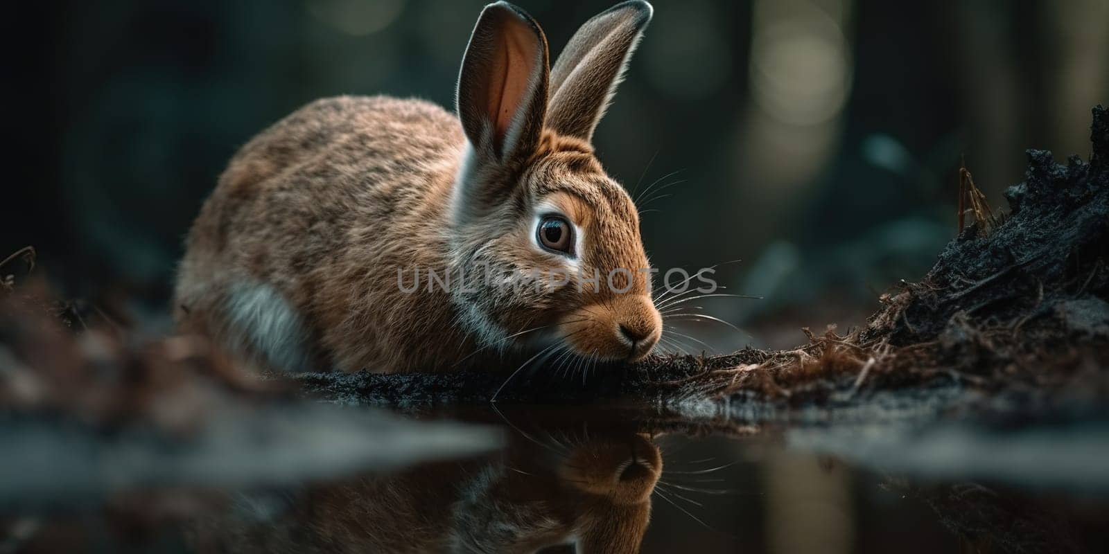 Big Wild Rabbit Drinks Water From The Creek In The Forest, Animal In Natural Habitat